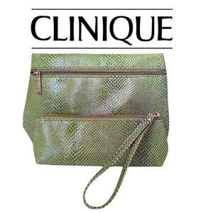 CLINIQUE Faux Snakeskin Cosmetic Bag Set (2) in New Spring Green EUC Pristine